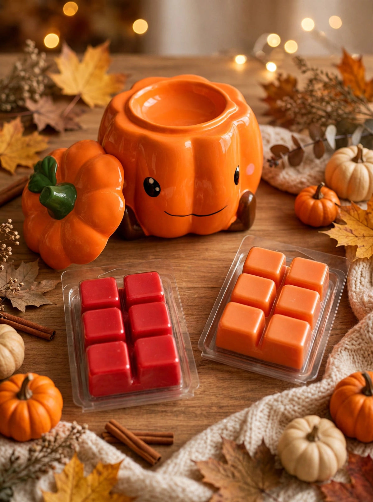 Pack completo Pumpkin Season con quemador calabaza y wax melts Manzana Caramelizada y Pumpking Spice de cera de soja de El Taller de la Xana sobre fondo otoñal acogedor