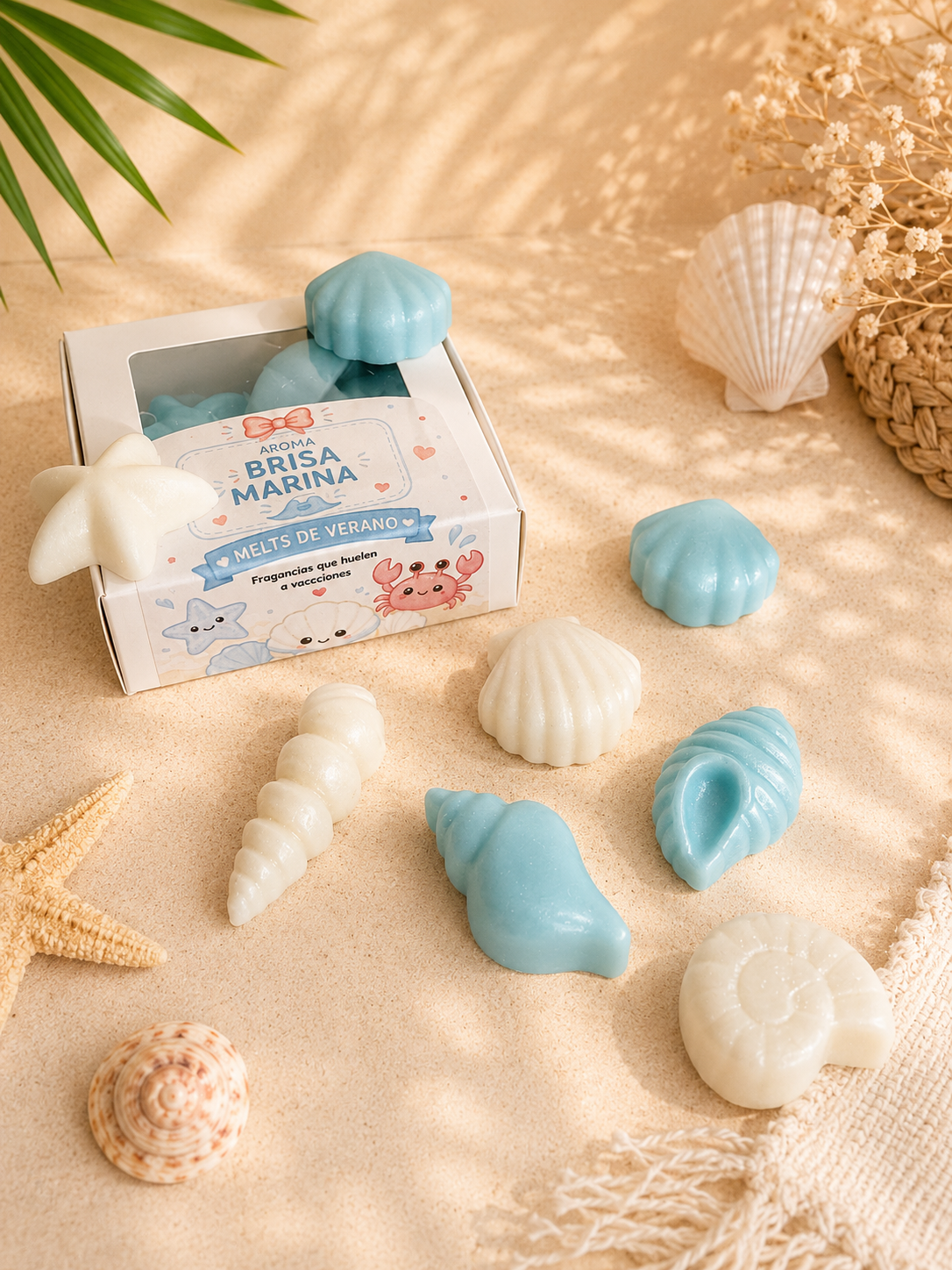 Wax melts artesanales de cera de soja con forma de conchitas y caracolas, aroma a brisa marina y presentación en cajita de 50 g