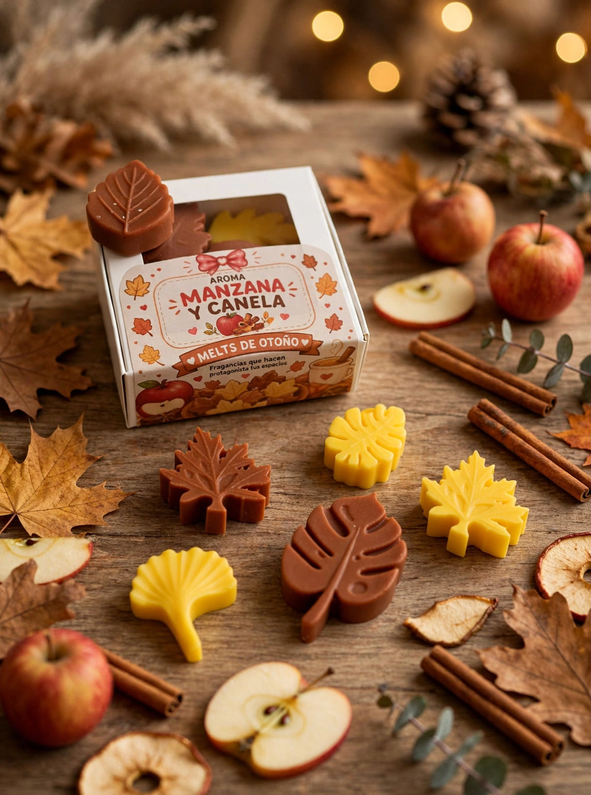Wax melts artesanales aroma manzana y canela en forma de hojas amarillas y marrones