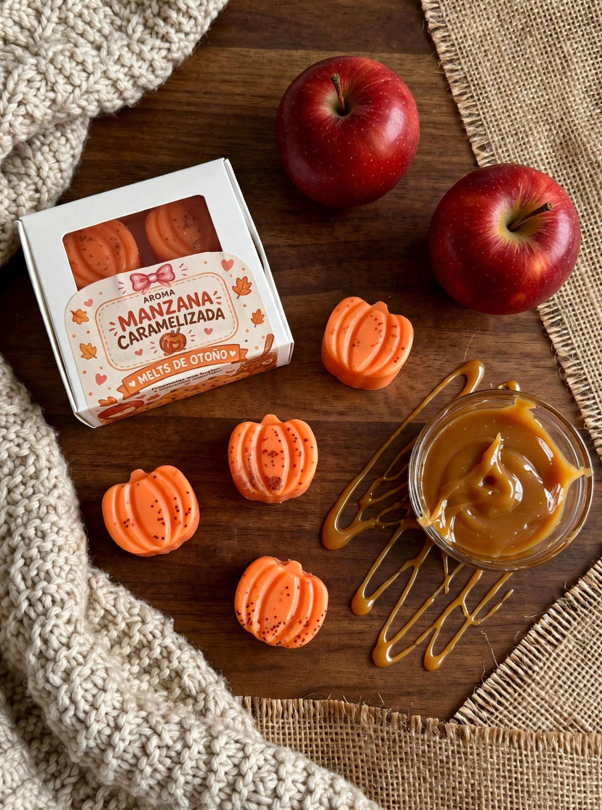 Melts de cera aroma manzana caramelizada 50g con forma de calabaza - cera vegetal otoño