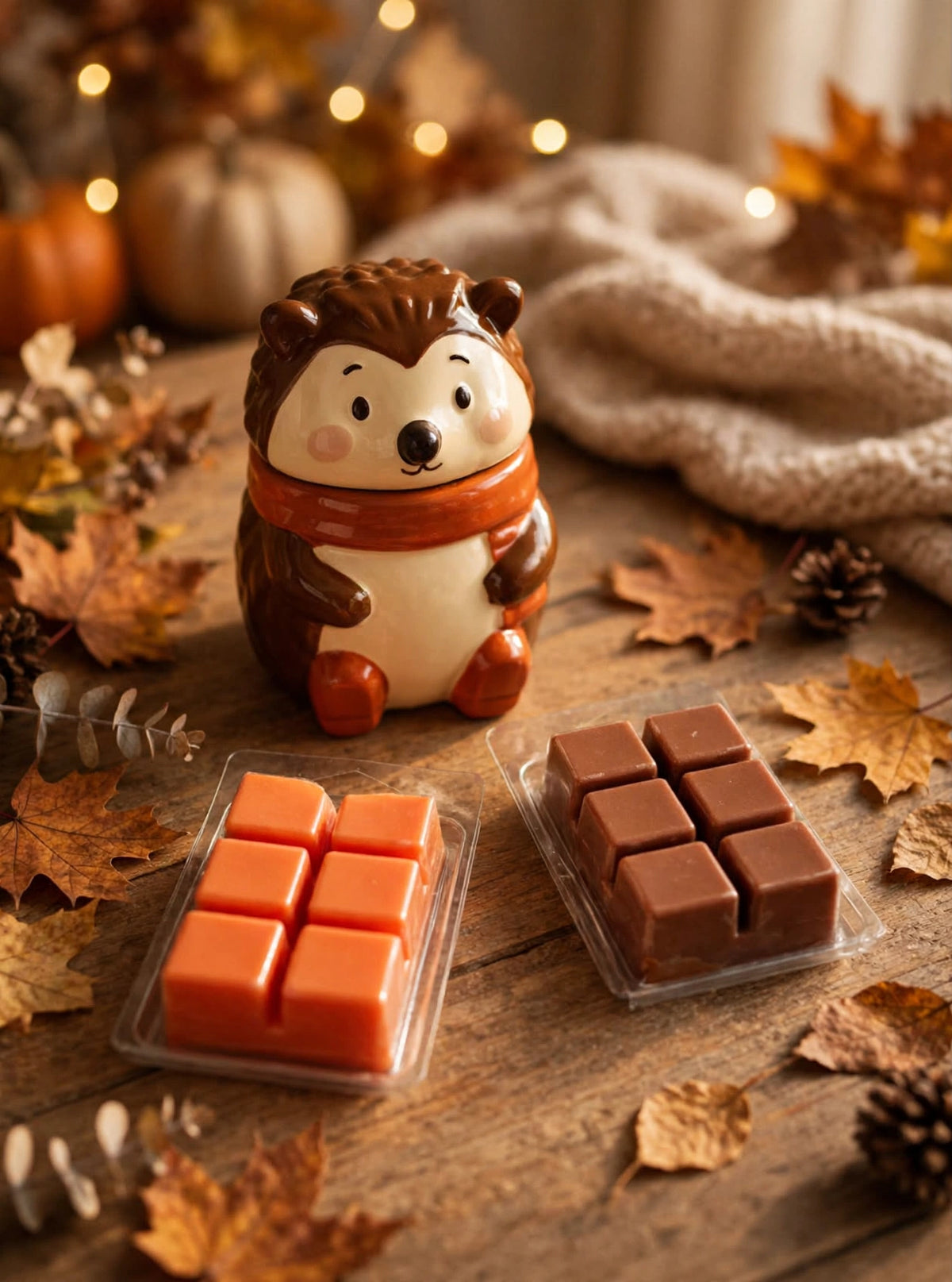 Pack Autumn Cuddles con quemador de ceramica en forma de erizo con bufanda y dos wax melts de soja 80g color naranja y marron
