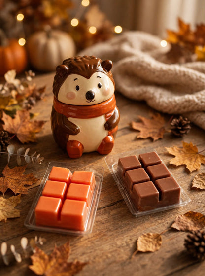 Pack Autumn Cuddles con quemador de ceramica en forma de erizo con bufanda y dos wax melts de soja 80g color naranja y marron