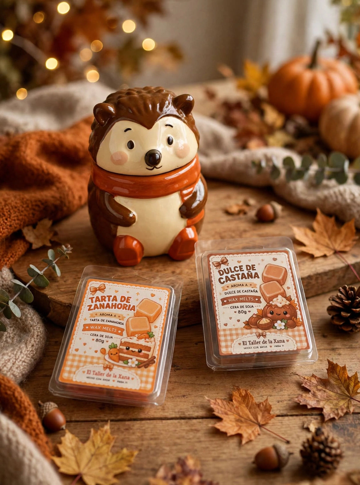 Pack Autumn Cuddles quemador erizo ceramica con wax melts aroma Tarta de Zanahoria y Dulce de Castaña de El Taller de la Xana