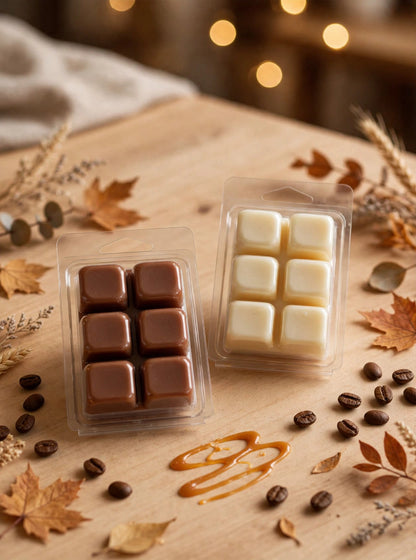 Pack duo wax melts aroma Caramel Toffe tableta blanca y Cafe Tostado tableta marron sobre mesa de madera con granos de cafe y caramelo