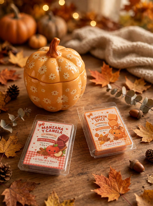 Pack Fall in Autumn con wax melts Manzana y Canela y Pumpkin Spice 80g cera de soja y quemador calabaza floral naranja El Taller de la Xana