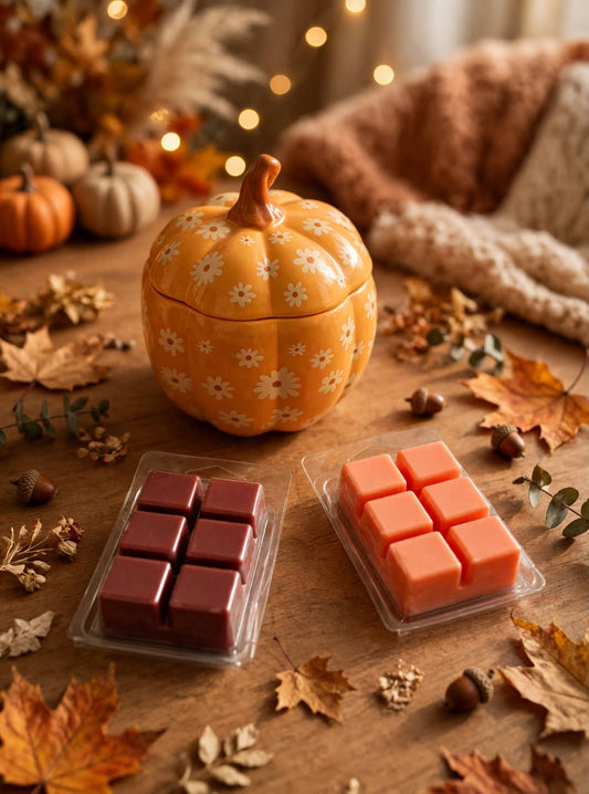 Pack Fall in Autumn quemador ceramica calabaza naranja con flores blancas y dos wax melts soja 80g manzana canela y pumpkin spice