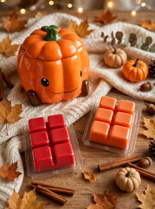 Pack Pumpkin Season de El Taller de la Xana con quemador de cerámica en forma de calabaza kawaii y dos wax melts de manzana caramelizada y pumpking spice