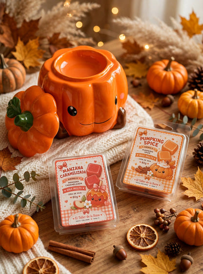 Quemador de cera con forma de calabaza naranja kawaii con tapa abierta y dos tabletas de cera roja y naranja para otoño