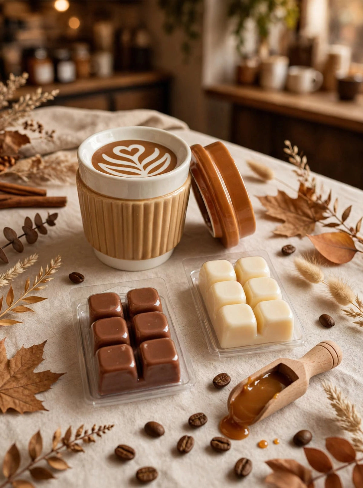 Pack quemador ceramico con forma de vaso de cafe latte con dos tabletas de wax melts de caramelo y cafe tostado sobre mesa otoñal