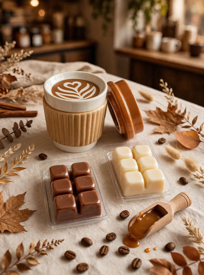 Pack quemador ceramico con forma de vaso de cafe latte con dos tabletas de wax melts de caramelo y cafe tostado sobre mesa otoñal