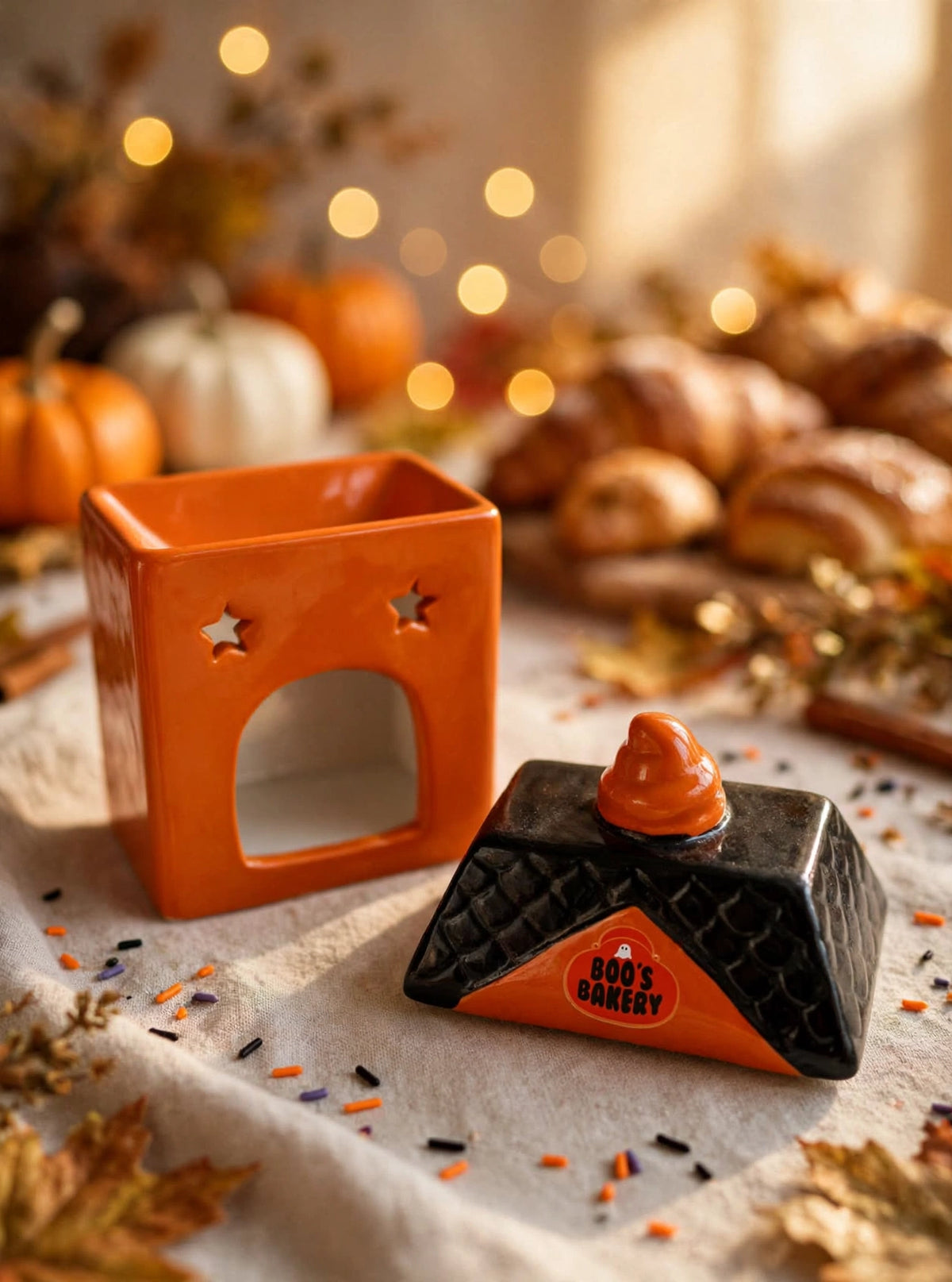 Quemador Boo's Bakery abierto mostrando cuenco naranja y base con estrellas y hueco para vela de té