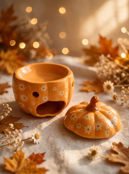 Quemador calabaza naranja con flores abierto, mostrando cuenco superior para wax melts y base con hueco para vela de té