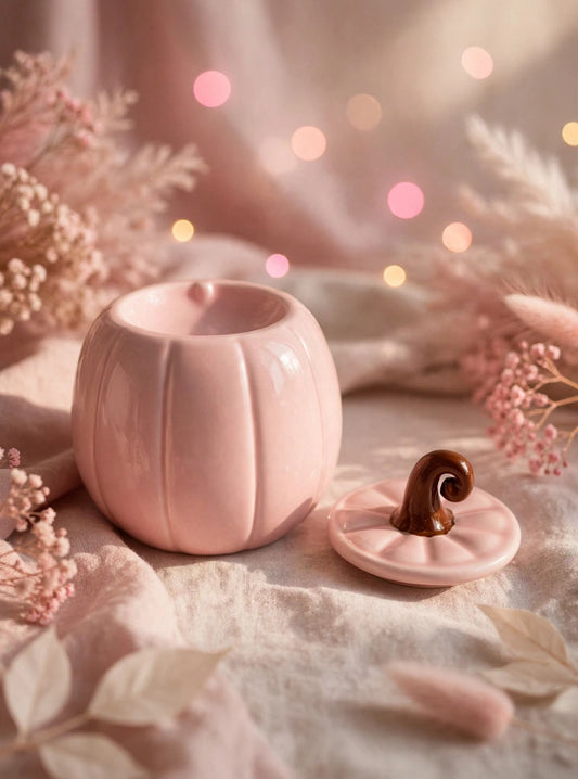 Quemador calabaza rosa pastel abierto, base con cuenco para wax melts y tapa con forma de tallo rizado