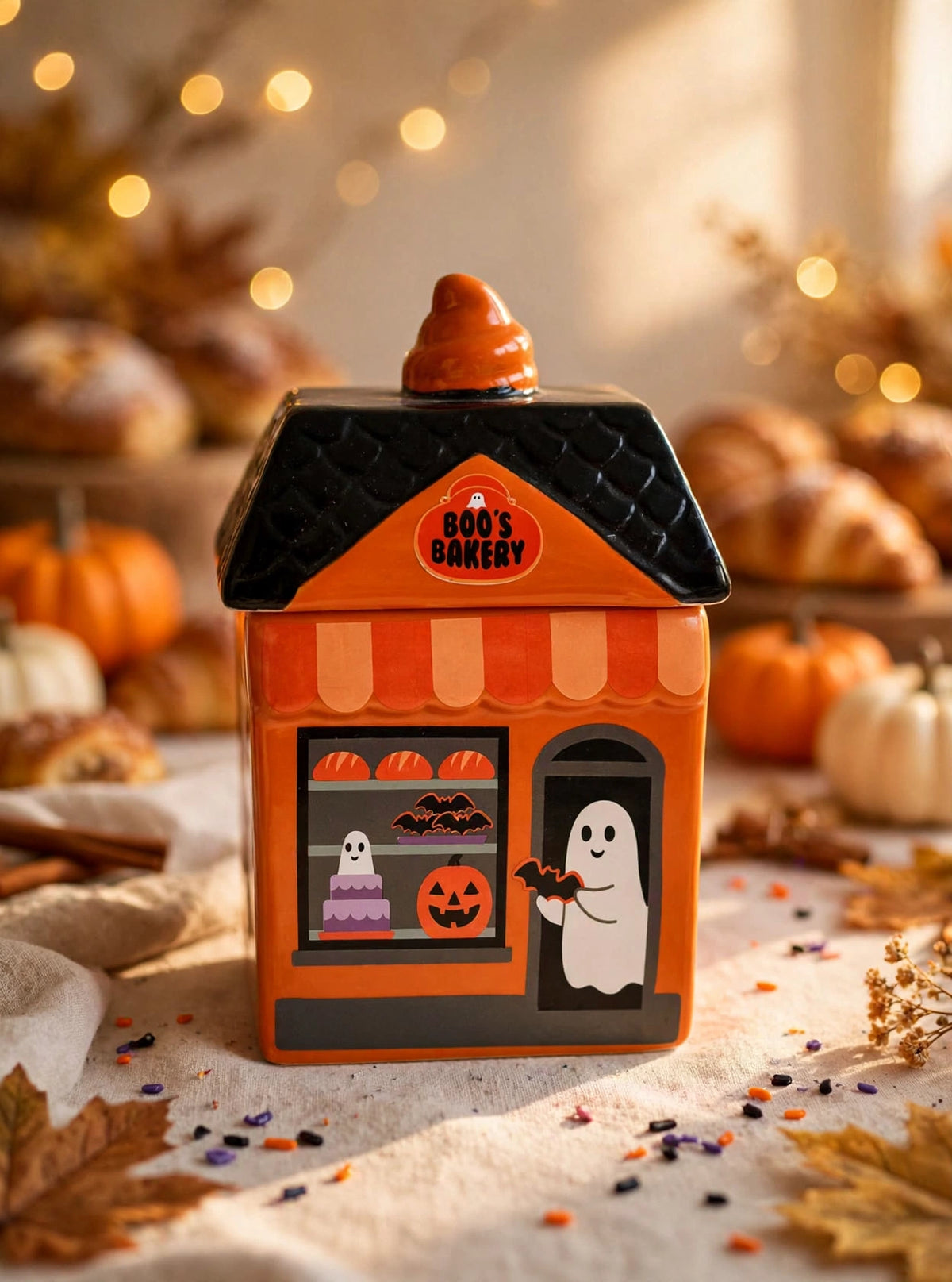 Quemador wax melts casa naranja Boo's Bakery con fantasma en la puerta y dulces de Halloween