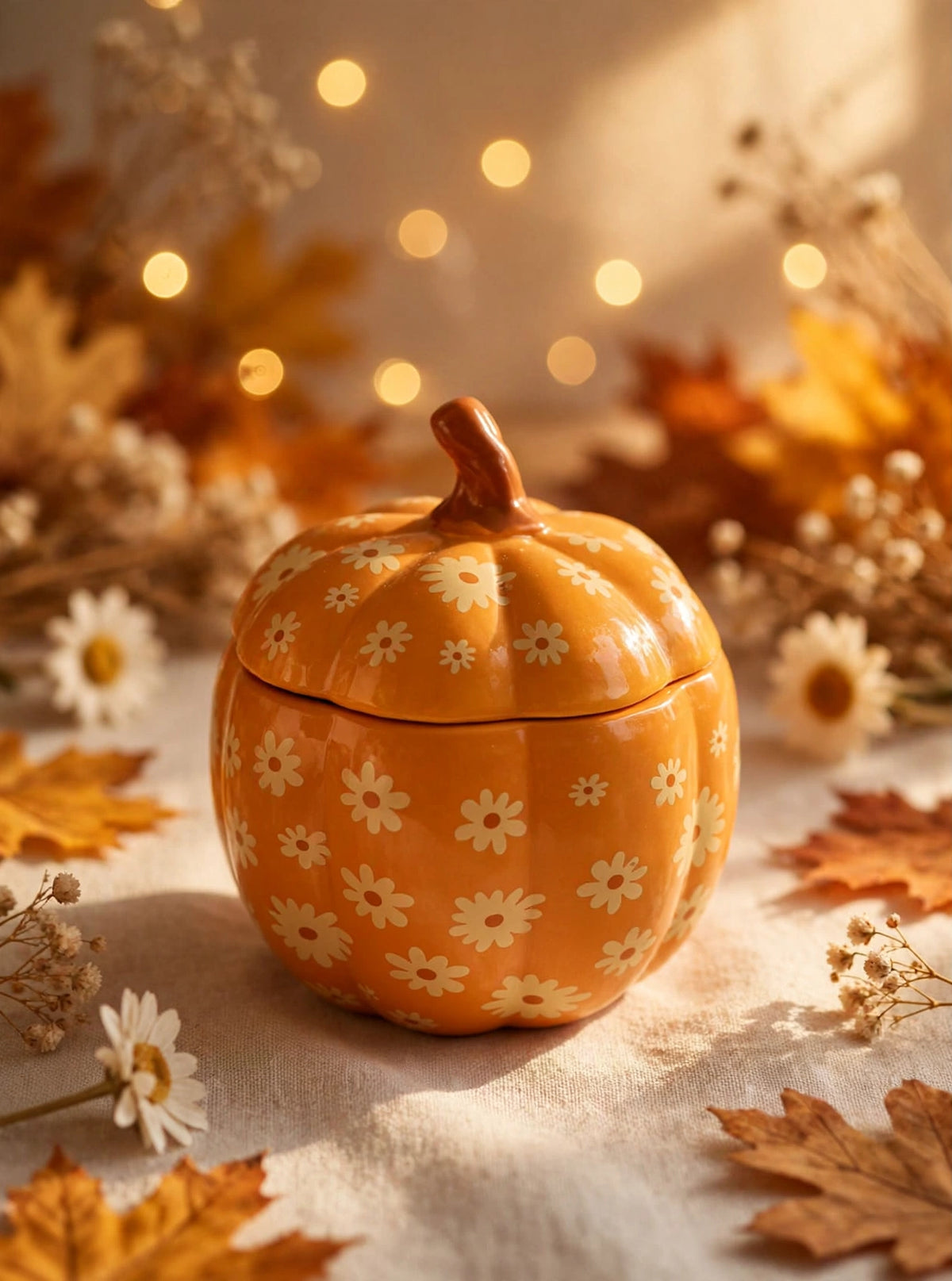 Quemador de wax melts de cerámica naranja con forma de calabaza y estampado retro de margaritas blancas, estilo otoño vintage 70s