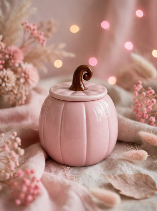 Quemador de wax melts cerámico con forma de calabaza rosa pastel con tallo marrón, estilo kawaii otoñal coquette