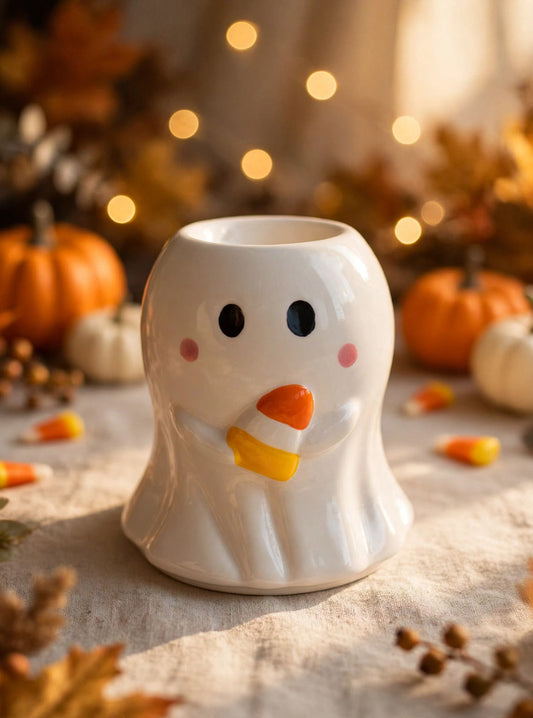 Quemador de cera fantasmita blanco kawaii con mejillas rosas sujetando candy corn, decoración Halloween cute
