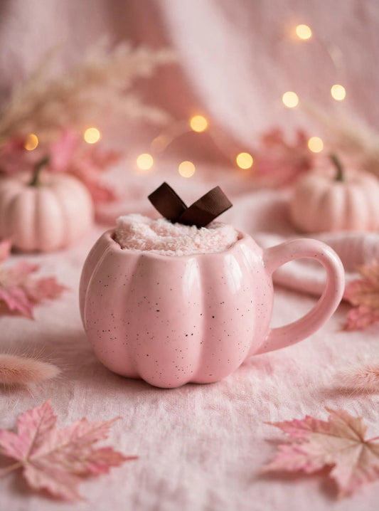 Taza de cerámica con forma de calabaza rosa de 400ml con calcetines esponjosos rosa claro dentro y lazo marrón, sobre fondo rosa otoñal acogedor con luces cálidas