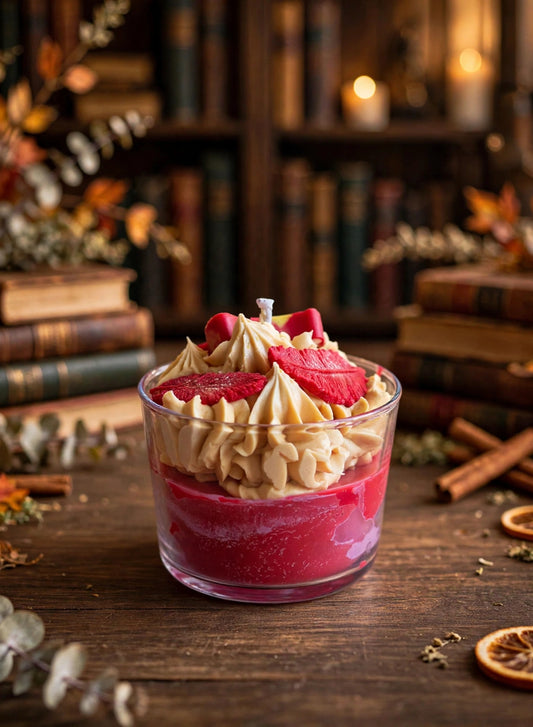 Vela aromática de canela 190g inspirada en Gryffindor Donde Nace el Valor, cera roja con frosting beige sobre mesa de madera rústica en biblioteca mágica acogedora