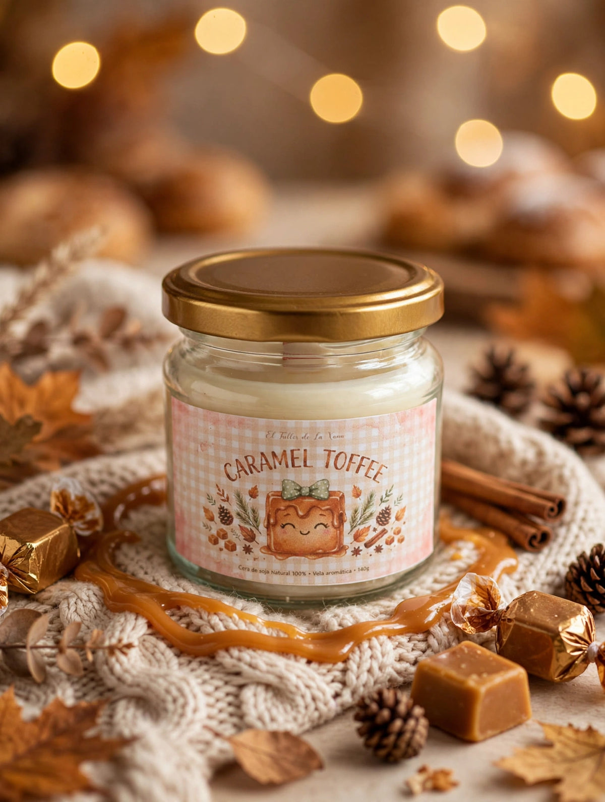 Vela aromatica caramel toffee 140g cera de soja mecha de madera con caramelos y salsa de caramelo fondo otoñal