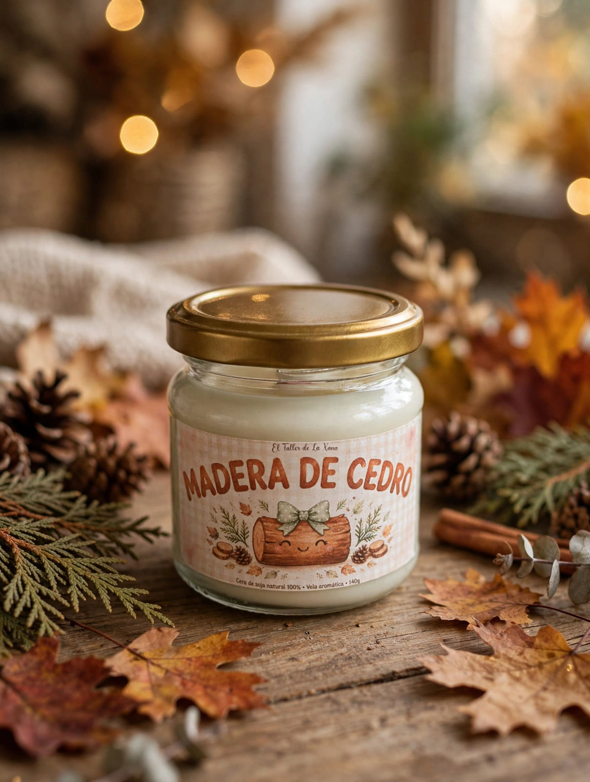 Vela aromática Madera de Cedro 140g con mecha de madera y cera de soja natural de El Taller de La Xana sobre fondo otoñal