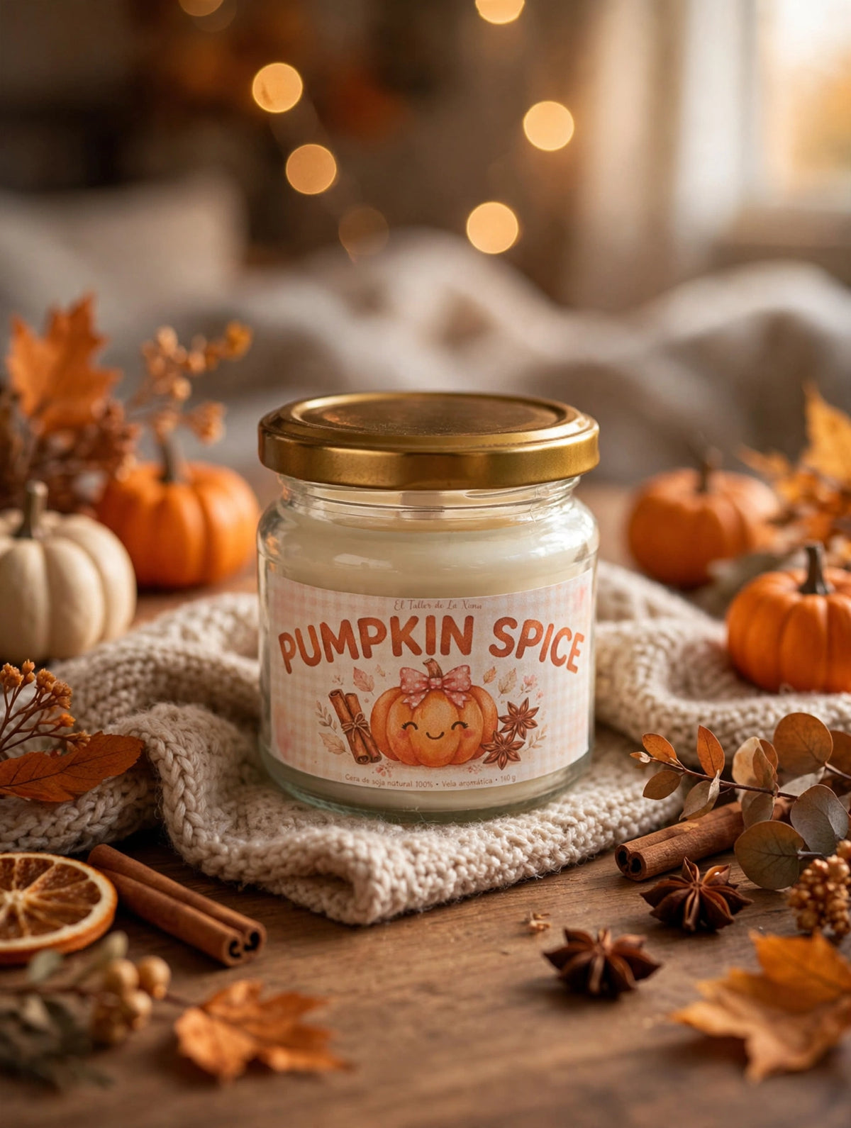 Vela aromática Pumpkin Spice 140g de cera de soja 100% natural con mecha de madera crepitante - Colección Otoño El Taller de La Xana - Aroma calabaza especiada