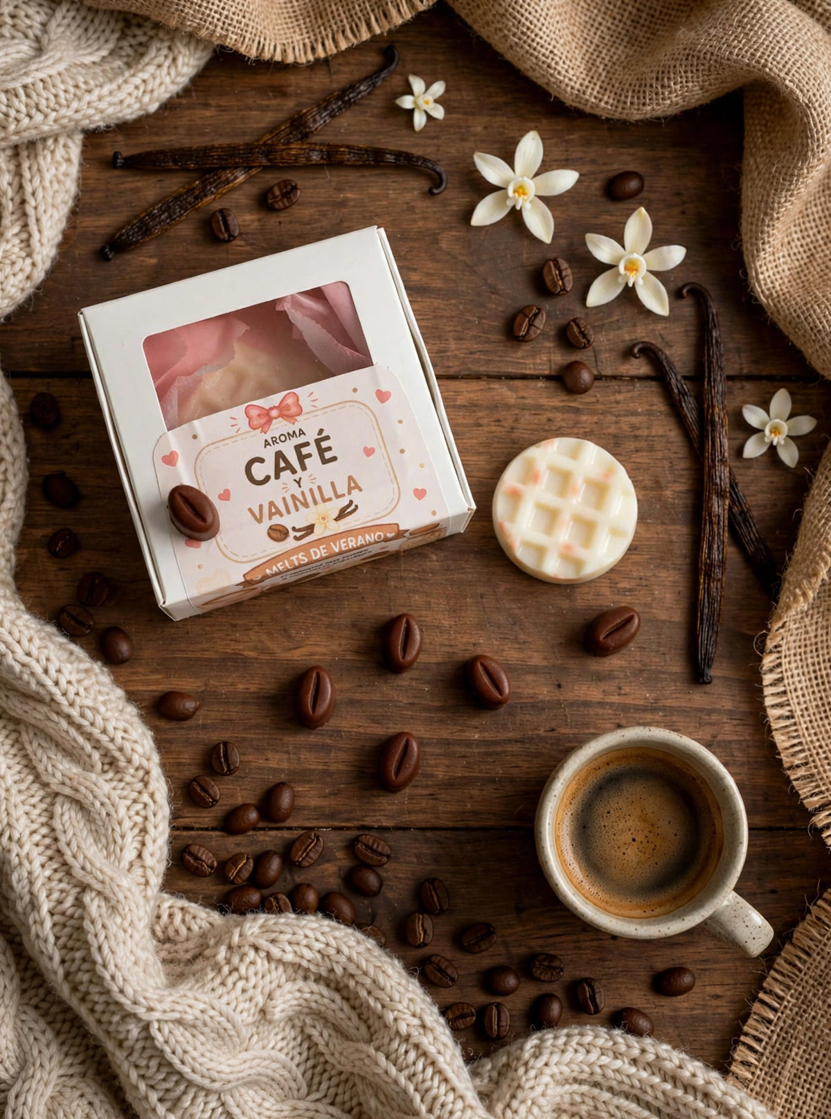 Wax melts cafe y vainilla 50g forma gofre - melts de cera aroma otoño acogedor