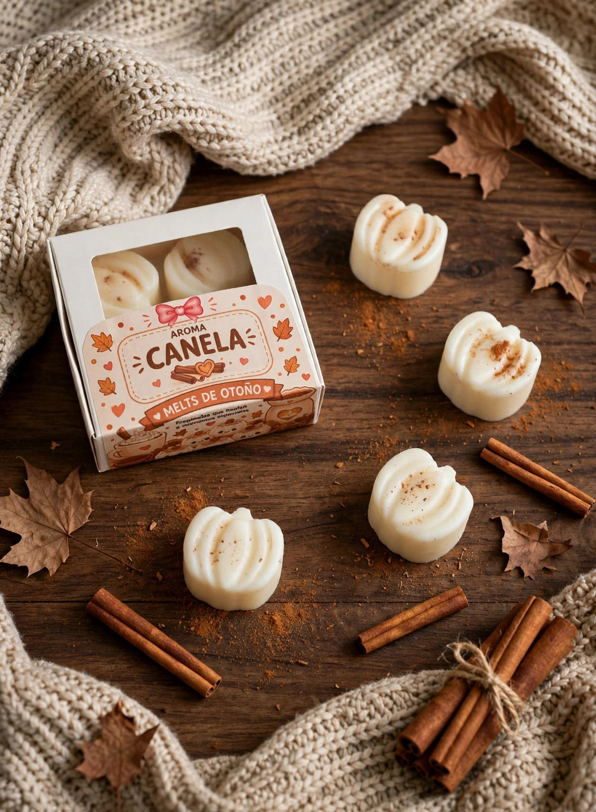 Wax melts aroma canela calabaza blanca 50g melts de otoño cera soja natural sobre mesa madera oscura con canela en rama