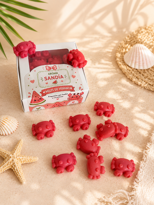 Wax melts artesanales de cera de soja con forma de cangrejitos y aroma a sandía para perfumar el hogar.